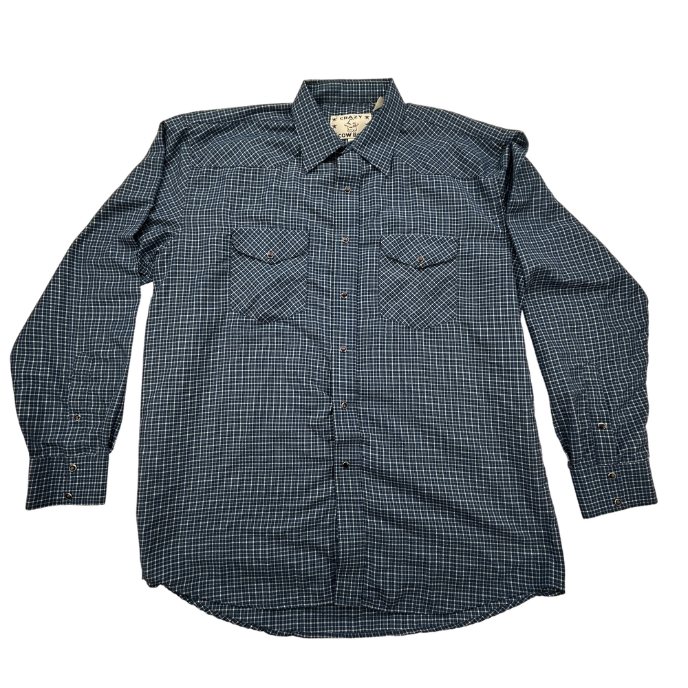 Crazy Cowboy Shirt Mens XL Western Plaid Pearl Snap Blue Long Sleeve Rodeo